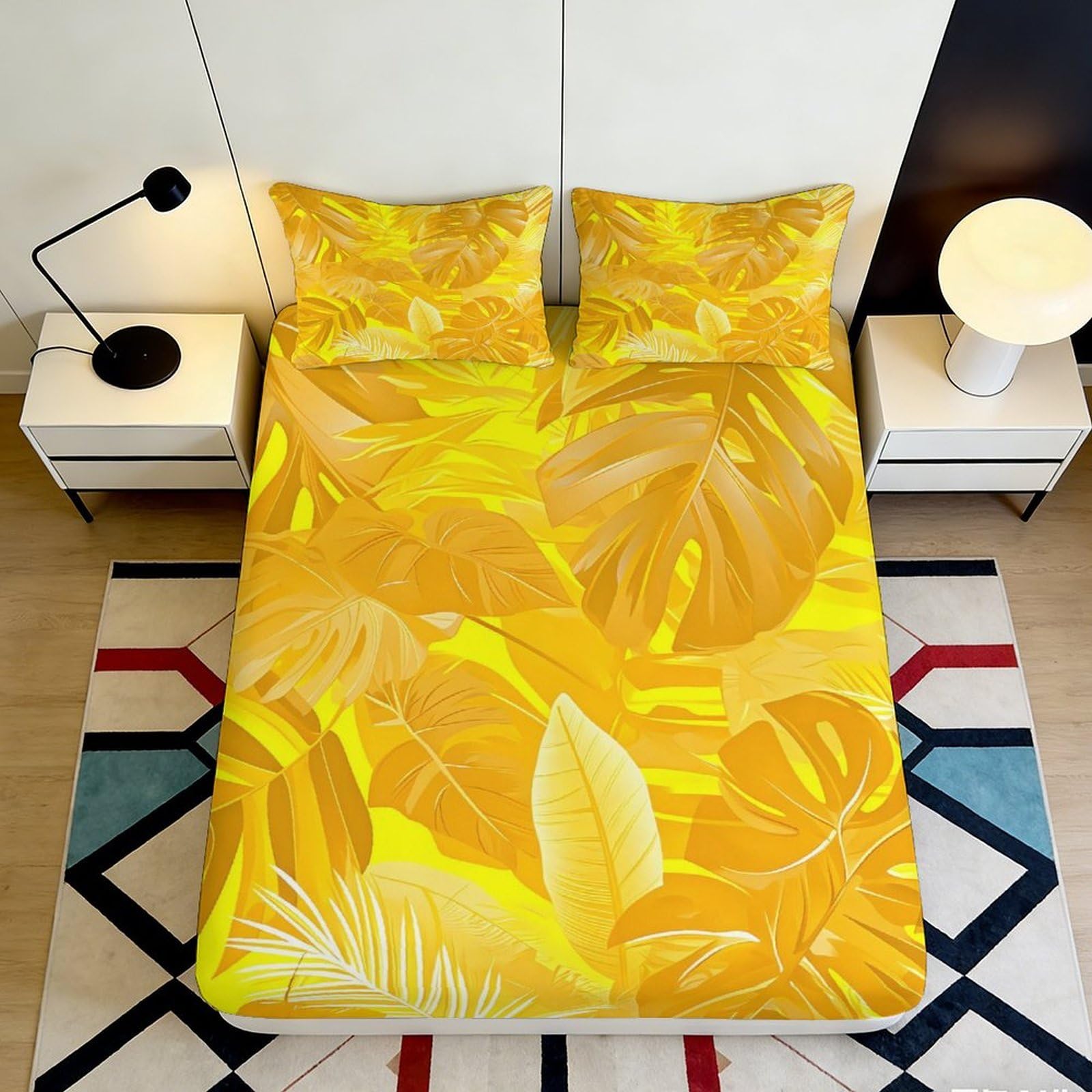 3D Printed Yellow Tropical Leaves Fitted Sheet Microfiber Soft Breathable Golden Palm Bed Cover for Bedroom Dormitory Guest Room Mattress Protection 120x200x25cm