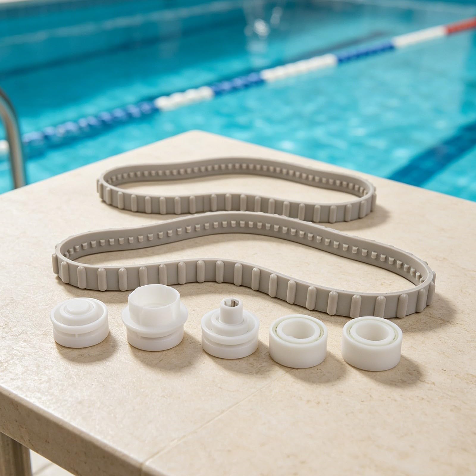 Kit cuscinetto e binario per robot da piscina, 7 pezzi per Hayward | Set da 7 pezzi, per 4 cuscinetti, 2 binari, ripristina il movimento, prolunga la vita del robot, gomma plastica bianca