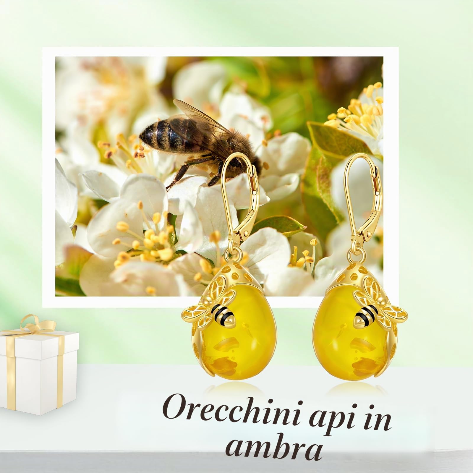 VONALA Orecchini in ambra a goccia, design ape e nido d'ape, argento sterling 925, senza nichel e senza piombo, ideali per abbigliamento casual o formale, perfetti come regalo per ogni occasione