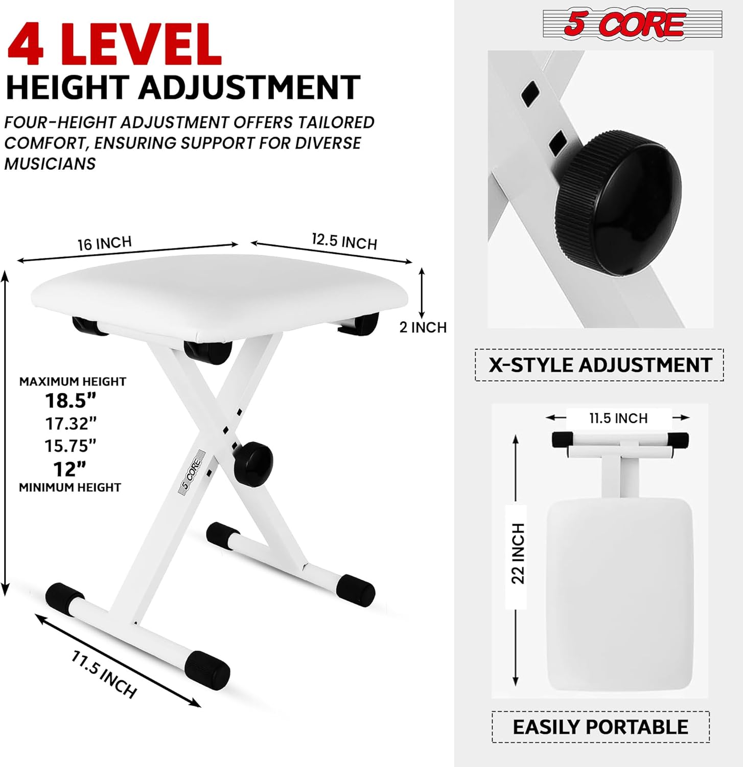 5 CORE Keyboard Stand Piano Bench Combo Height Adjustable Key Board Stands 2" Cushioned Musician Chair Set for Stage Studio - KS 1X WH+KBB 02 WH