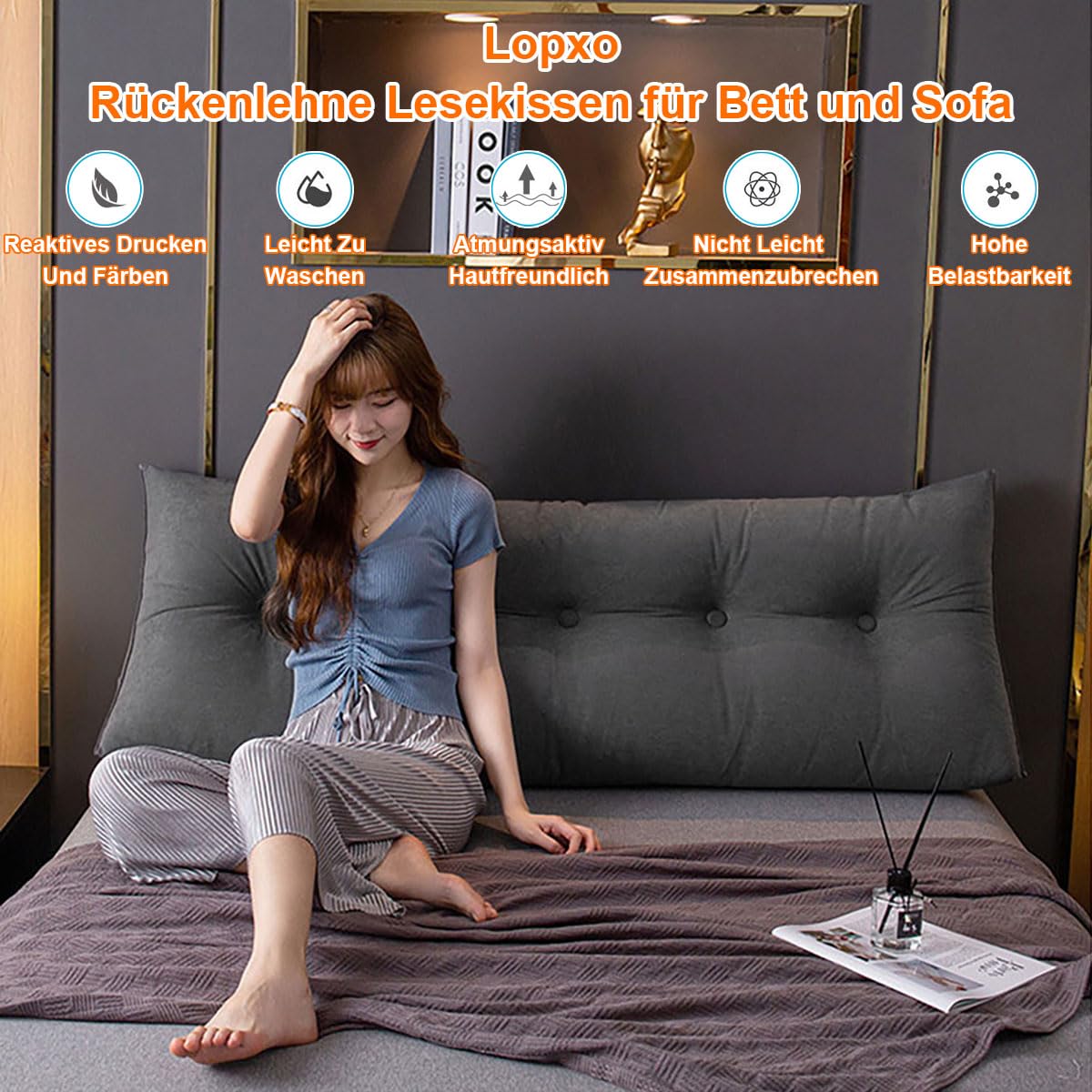 Cuscino Da Lettura Ergonomico BNCKTRD - Supporto Schiena E Lombare, 80 Cm, Rivestimento Velluto Beige, Tasche Laterali
