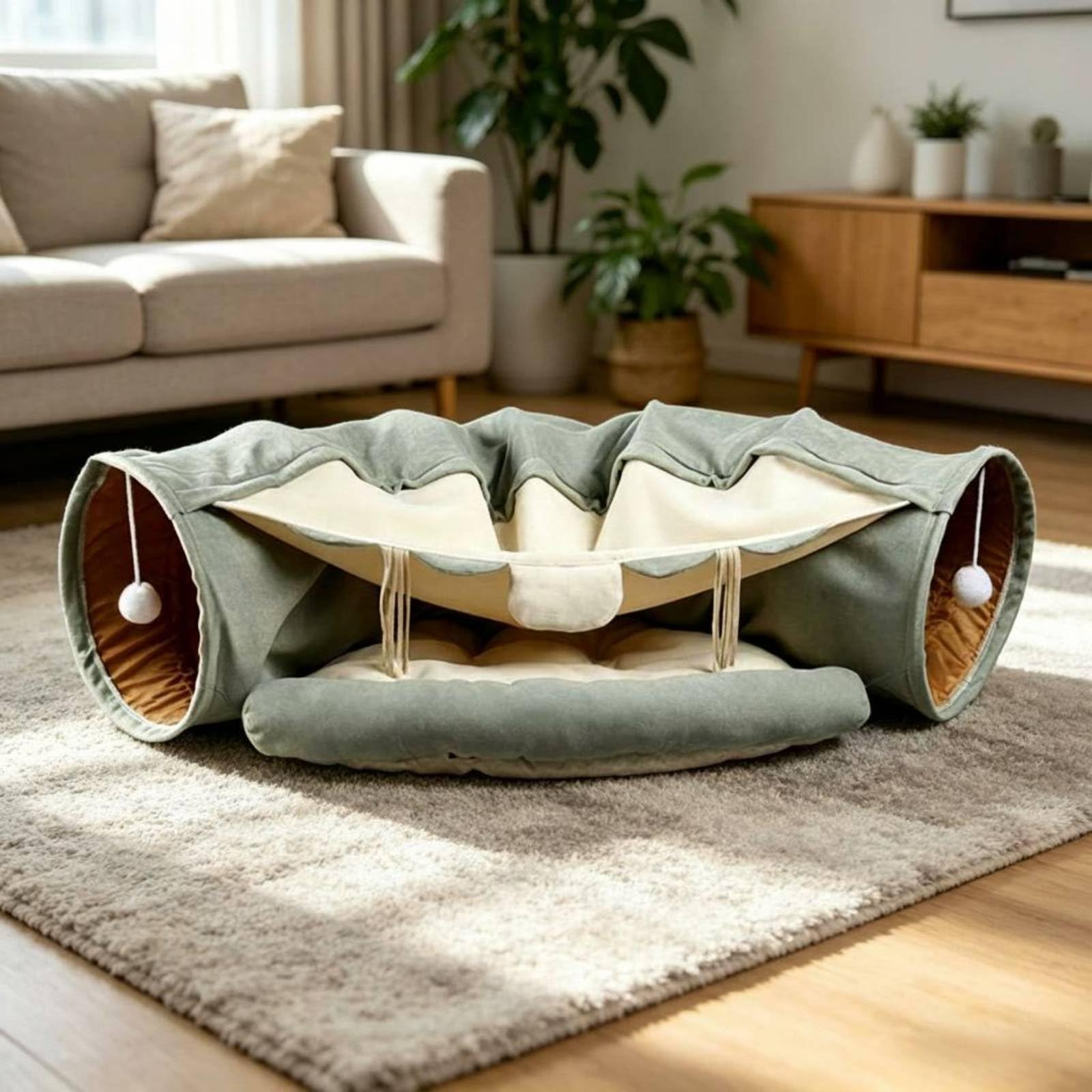 Tunnel pour en 1 Couchage et Jouet avec Dossier Moelleux Passage Superposé Bruissement Stimulant Franges Suspendues Polyester Adapté aux Félins