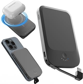 NOBIS Slim Magnetic Power Bank 5000mAh with Built-in Cable Wireless Portable Charger QC 3.0 22.5W PD Fast Charging USB C in/Out, for MagSafe Battery Pack for Phone 16 Android Black