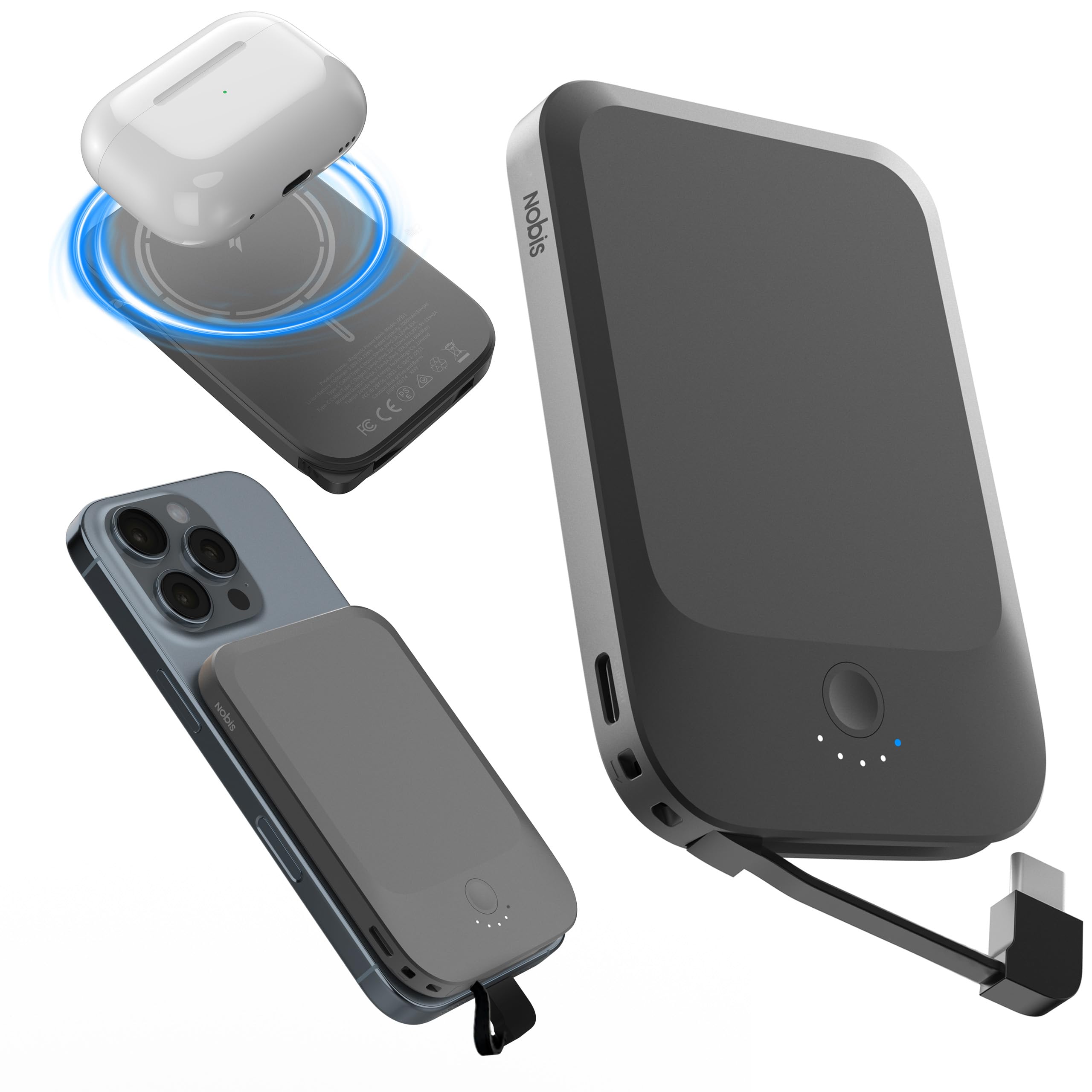 Nobis Slim Magnetic Power Bank 5000mAh with Built-in Cable Portable Charger QC 3.0 22.5W PD Fast Charging USB C in/Out, for MagSafe 15W Portable Wireless Charger for Phone 16 Android (Black)