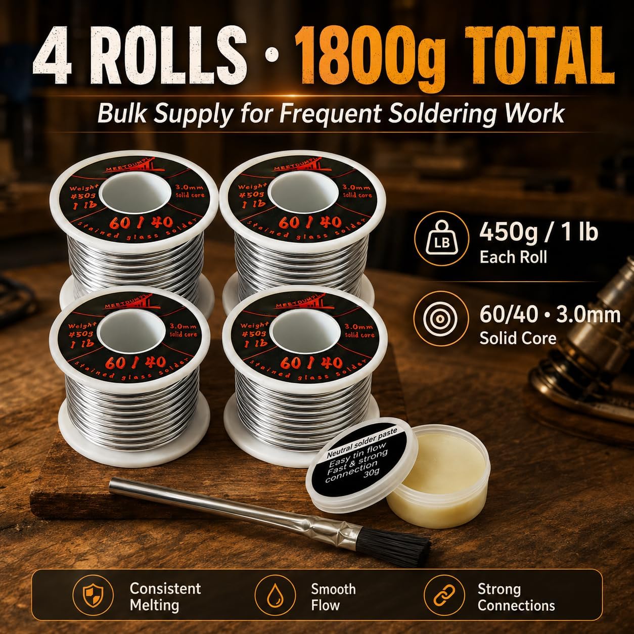 60/40 Solder for Stained Glass，Stained Glass Solder，60/40 Solder，Solid Core，3mm (1/8") Dia，with Flux & Brush Included，Ideal for Stained Glass,Copper Pipe,Jewelry Repair (4 Pack，1800g，4Lb) image 3