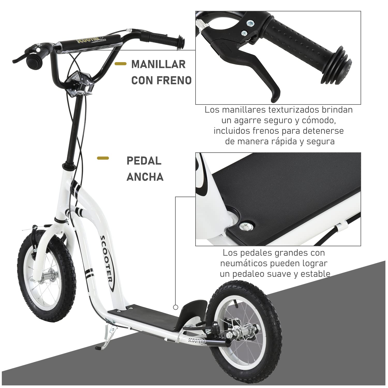 HOMCOM Patinete con Frenos Mayores de 5 Años 120x58x85-95 cm Blanco | para Niños, Scooter, 2 Neumáticos Inflables de Caucho, Manillar Ajustable, Pedal Antideslizante