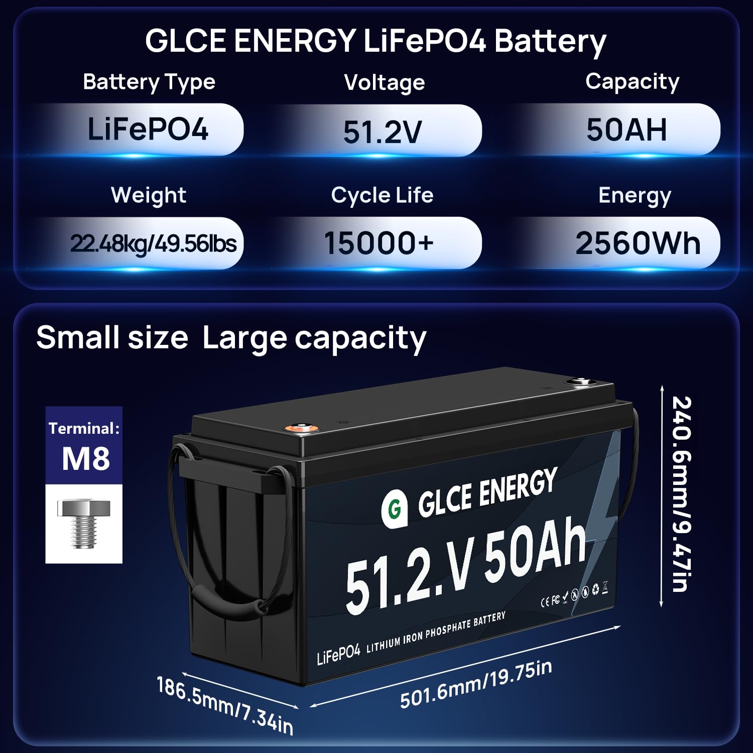 Batería de litio LiFePO4 de 48 V (51,2 V) 50 Ah, recargable, con Bluetooth de 100 A, 4000 – 15000 ciclos, 2560 Wh de alta capacidad, para almacenamiento de energía doméstica