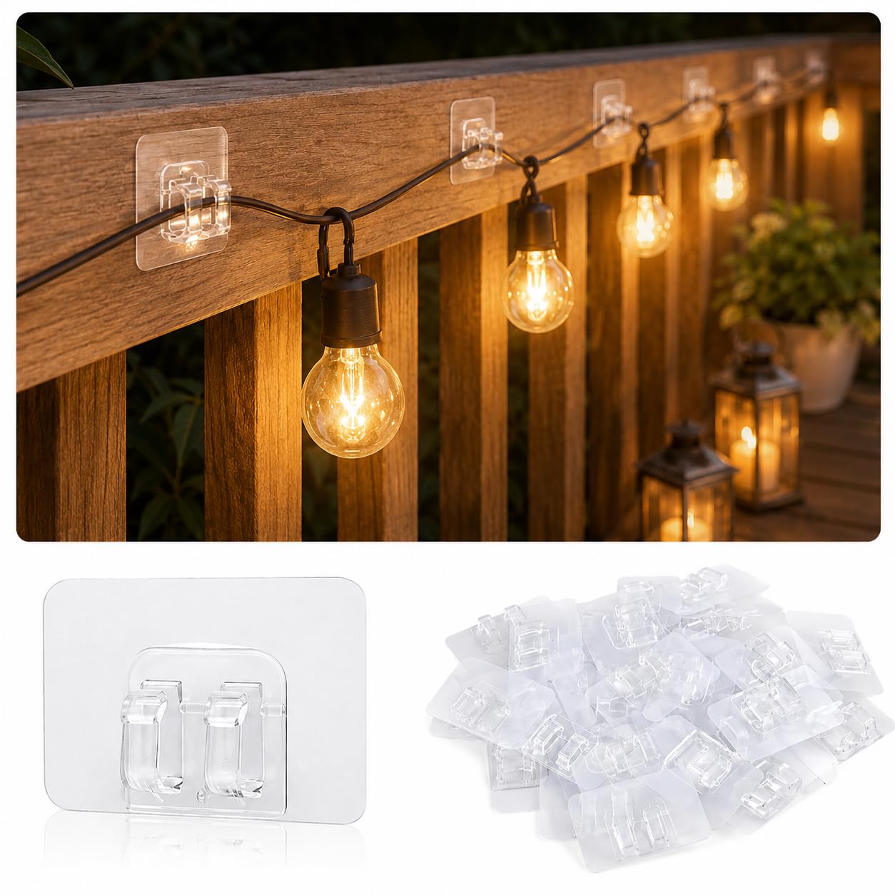 Hawpasy 30PCS Outdoor Lights Hooks with Waterproof Adhesive Strips, Hooks for Outdoor String Lights, Heavy Duty Outdoor Cable Clips with Strong Adhesive, No Damage Sticky Wall Gutter Hook for Outdoor