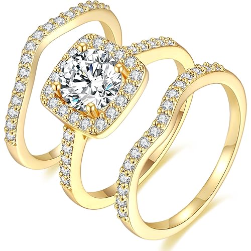 MDFUN 18K Yellow Gold Plated Cubic Zirconia Three-in-One Halo Wedding Engagement Promise Eternity Ring for Women