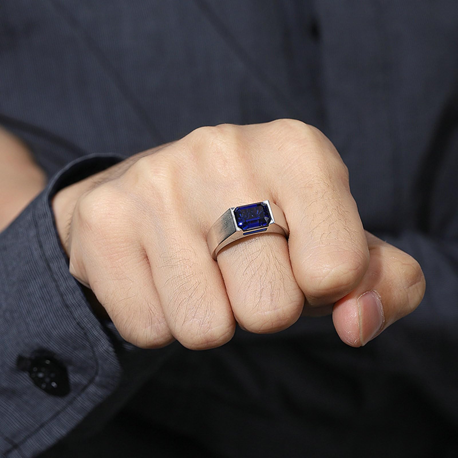 Anelli Uomo Matrimonio, Anello Uomo Oro Bianco 14Kt Zaffiro Sintetico Rettangolare da 3.51ct Solitario Opaco Anelli Fidanzamento Oro Bianco per Promessa
