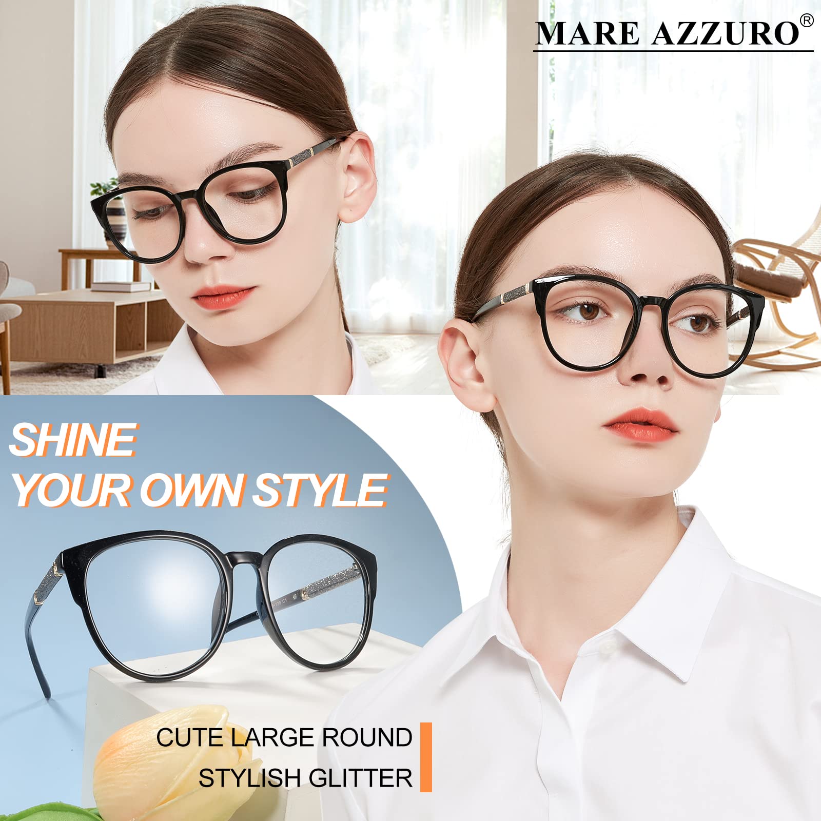 MARE AZZURO Large Bling Reading Glasses Women Trendy Round Readers 0 1.0 1.25 1.5 1.75 2.0 2.25 2.5 2.75 3.0 3.5 4.0 5.0 6.0 (Black, 150)