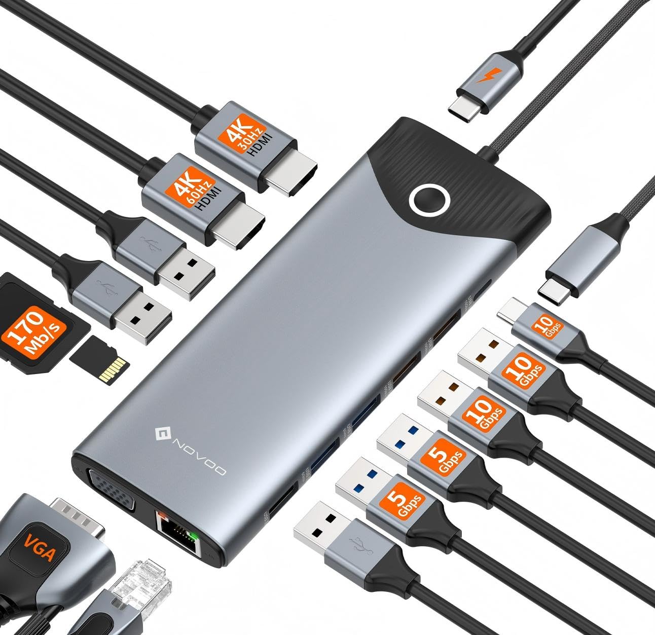 NOVOO Docking Station USB C Triple Display 15 in 1 Dual 4K@60Hz HDMI USB C Hub VGA Adattatore Gigabit Ethernet 100W PD,10Gbps USB A+C porte dati SD/TF Multiport Dock per MacBook HP Dell Lenovo Surface
