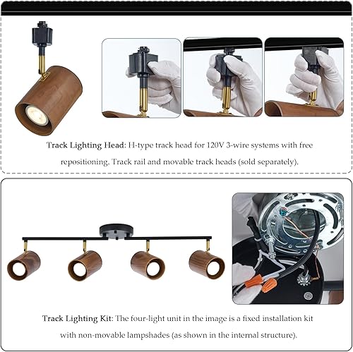 Miniatura 5 de Moderno kit de iluminación de riel de 4 luces, acabado negro mate ajustable y pantalla de madera oscura real, kit de artículos giratorios de latón,