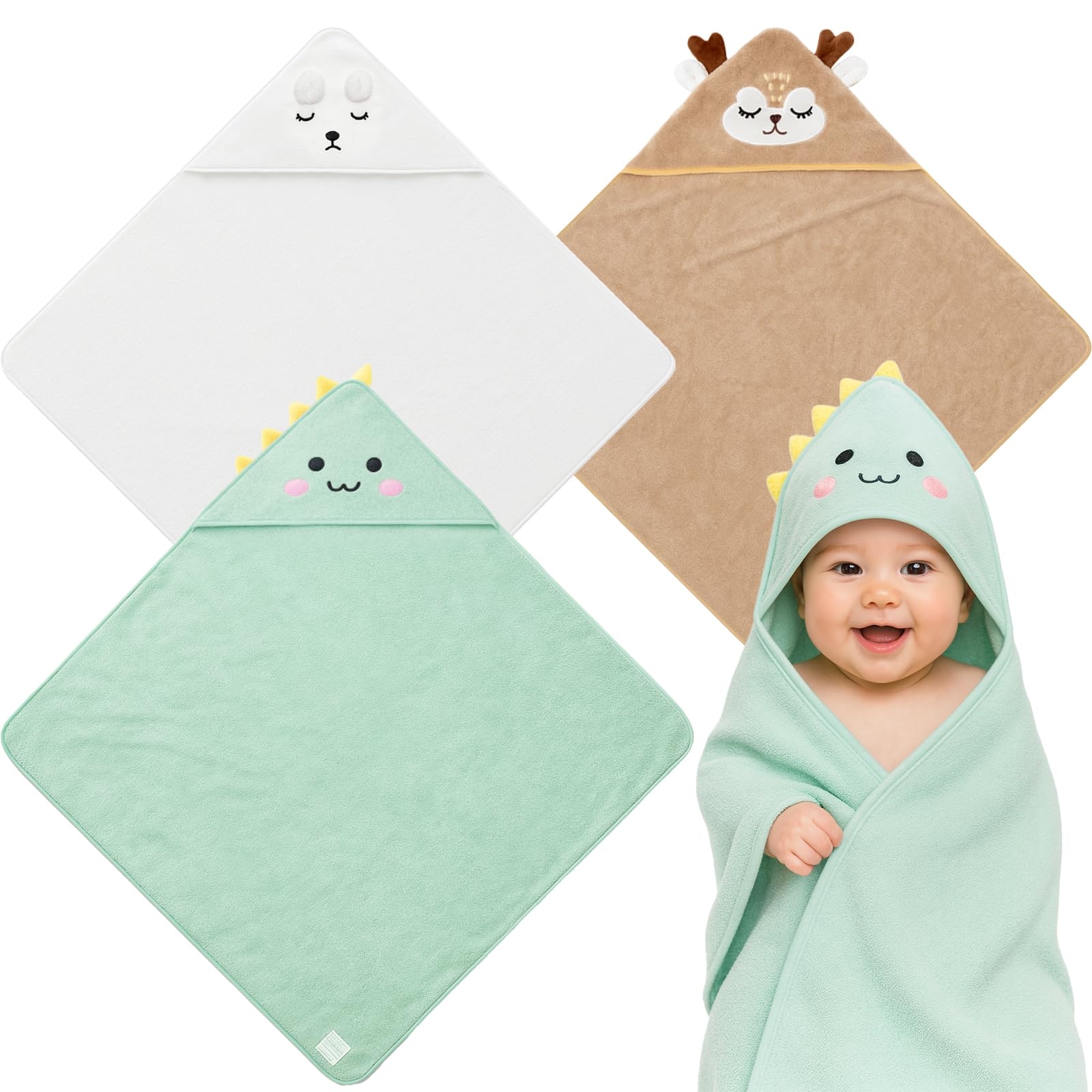 kaiyaya 3 Piezas Toalla Bebe Recien Nacido 80 x 80cm Toallas Bebe con Capucha, Suave y Súper Absorbente Toalla Baño Bebes para Piscina, Playa, Después de Ducharse o Bañarse