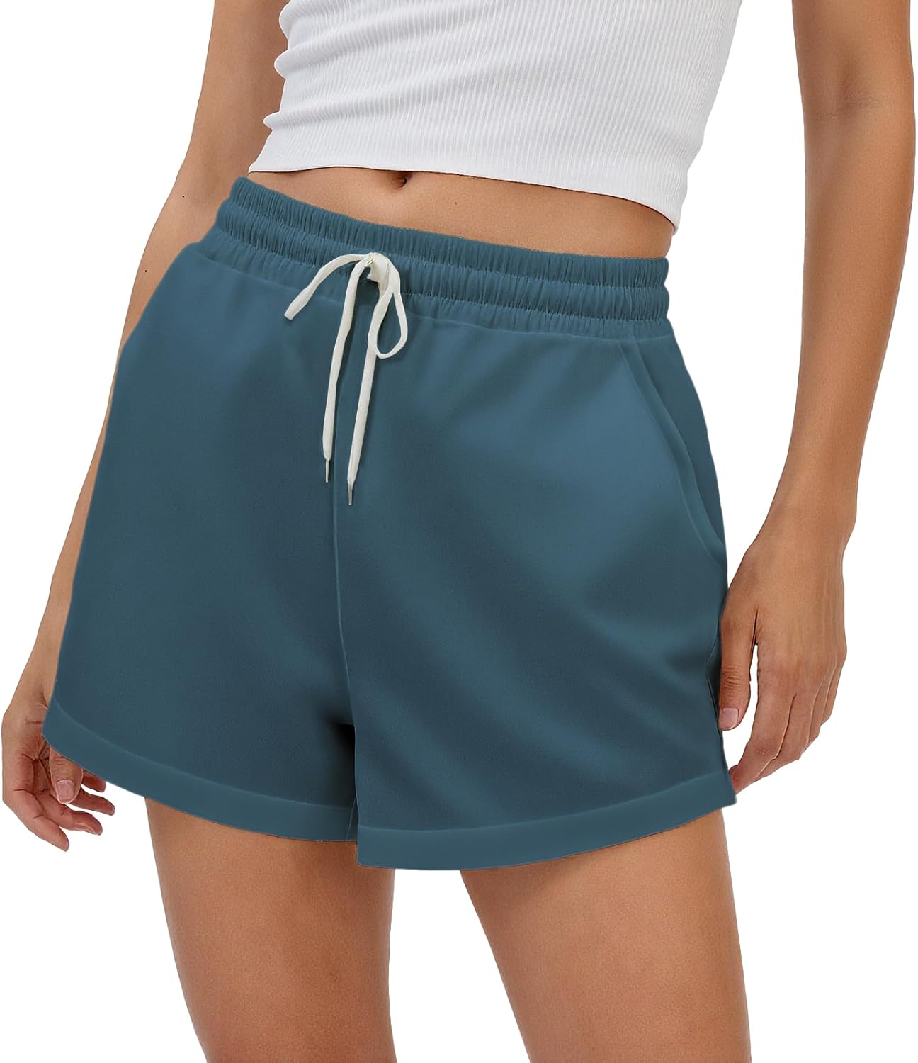 MARSVOVO Shorts for Women Summer Comfy Elastic Waist Drawstring Casual Beach Vacation Solid Color Short Pants with Pocket
