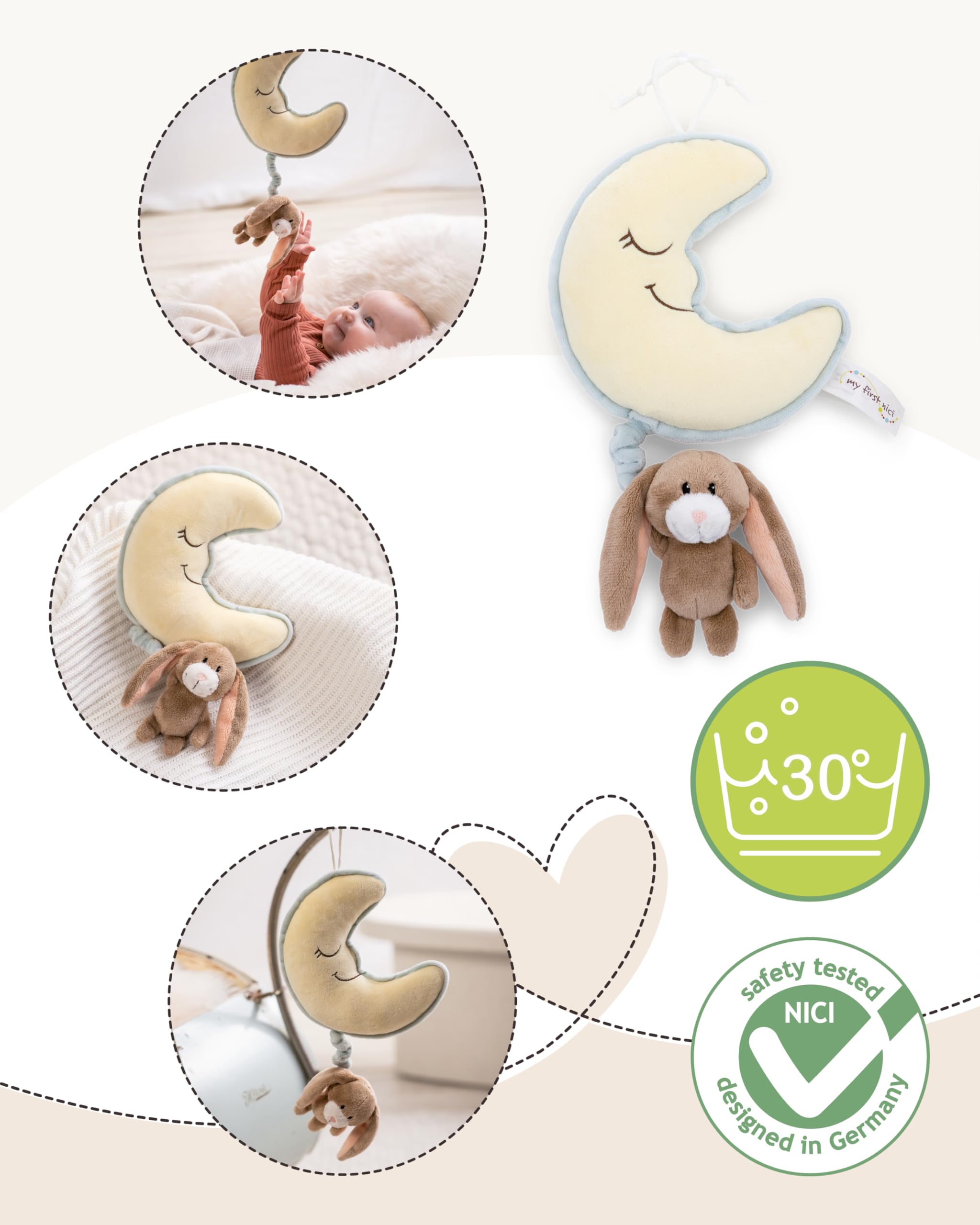 NICI Baby Spieluhr Mond 16x14cm mit Hase Lopino 9cm - braun - Einschlafhilfe für Babys und Kleinkinder ab der Geburt, Stofftier für Jungen und Mädchen ideal für Bett, Kinderwagen & Wiege - 62986 - 5