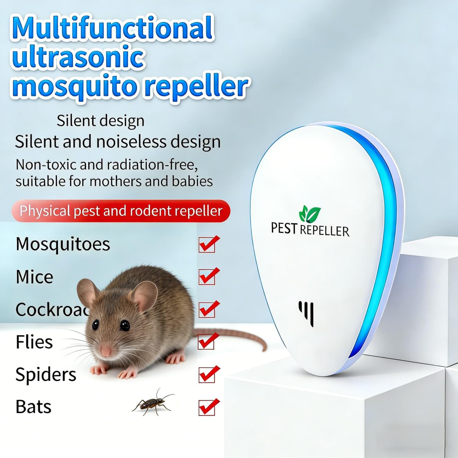 Repellente Ultrasuoni 2026, Repellente Zanzare Ultrasuoni & Controllo dei Elettronica Anti Topi, Mosche, Scarafaggi, Ragni, Formiche,Innocuo per Animali Domestici e Umani(Pacchetto di 4)