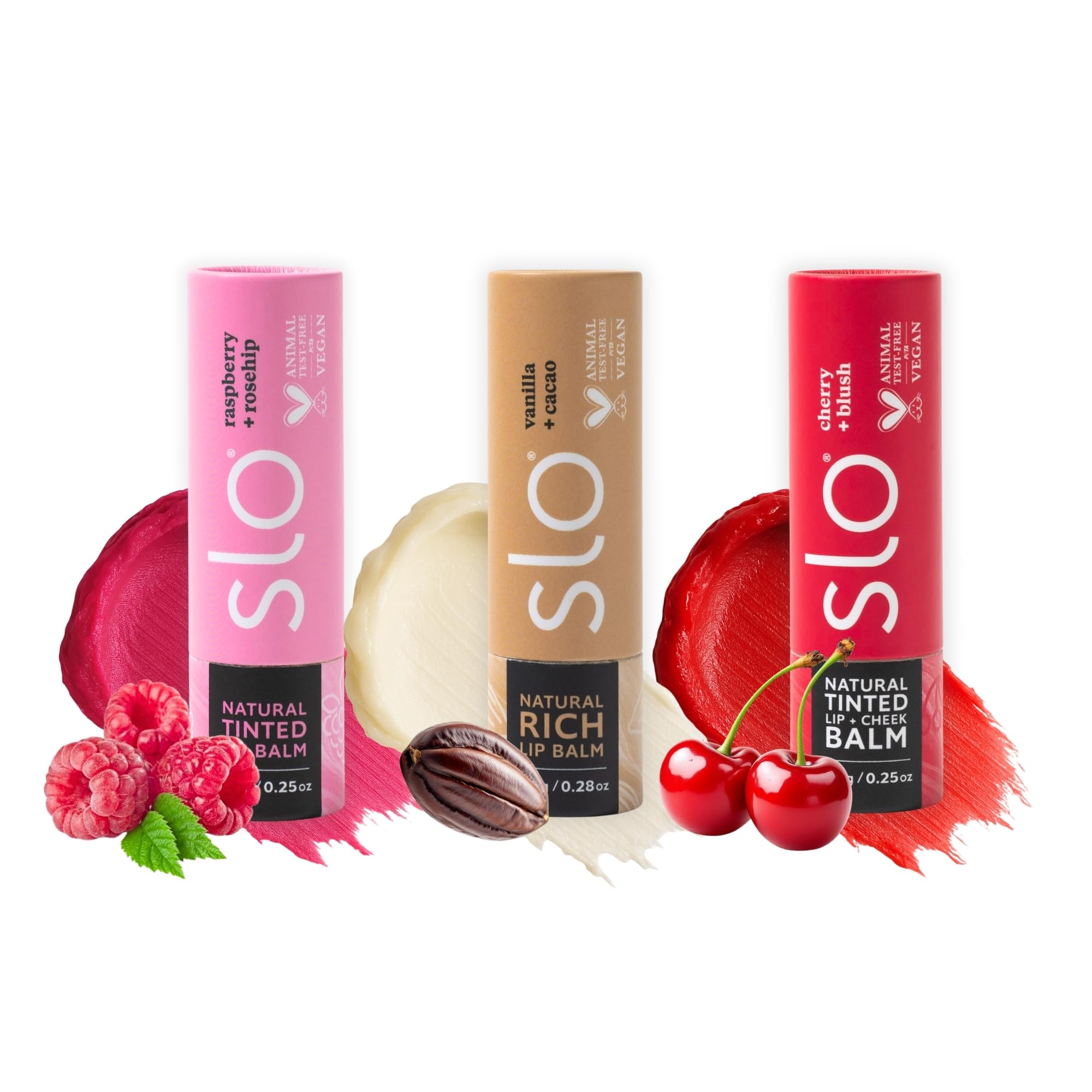 Slo | Natural Lip Balm - All Natural Ingredients, Vegan & Cruelty Free, Hydrating & Soothing, Plastic Free | Raspberry + Rosehip & Cherry + Blush &