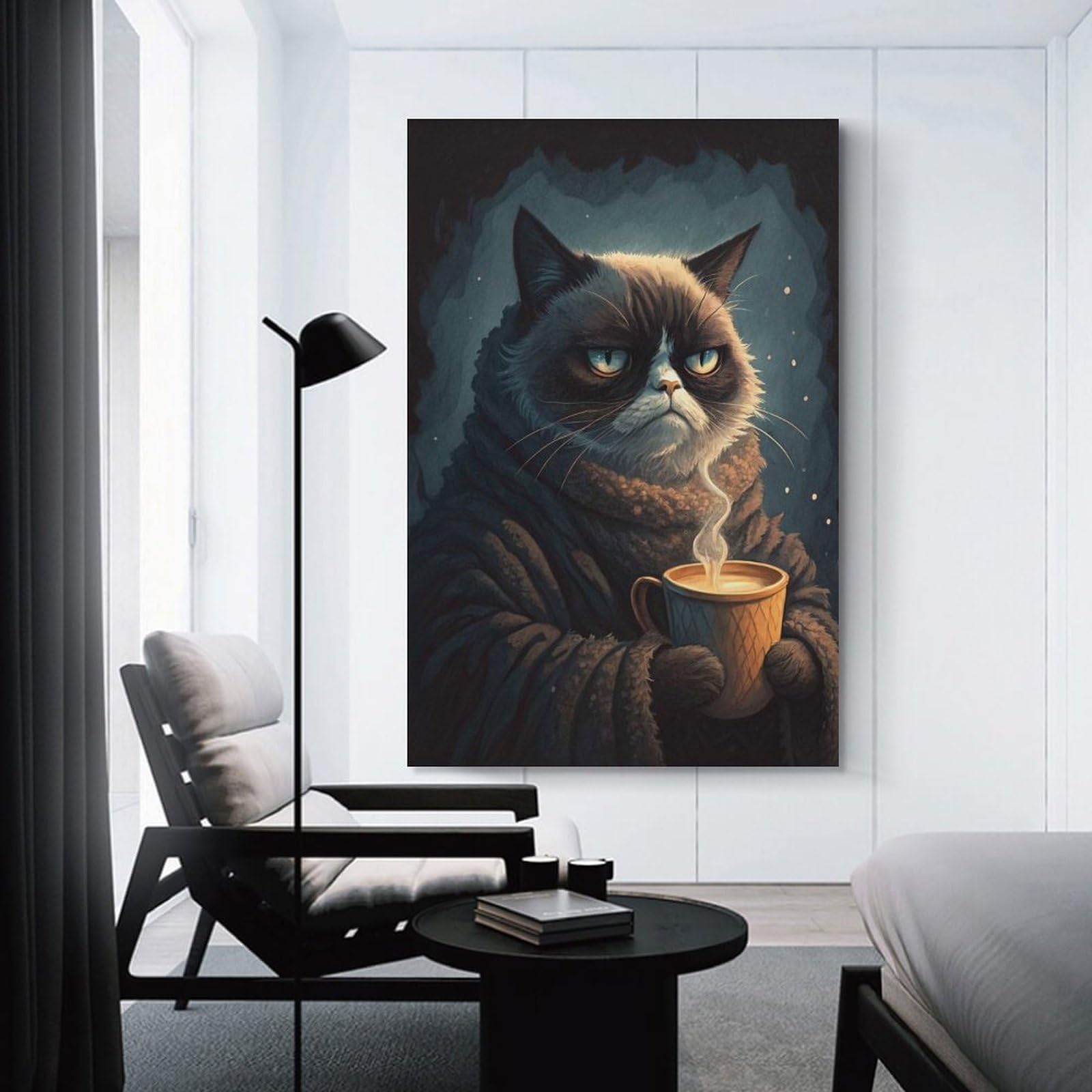 Junmoney Canvas Wall Art Grumpy Cat with Coffee(2), 12x18inch(30x45cm), for Living Room, Lounge Or Sitting Room, Canvas Styling for A Polished Room Look