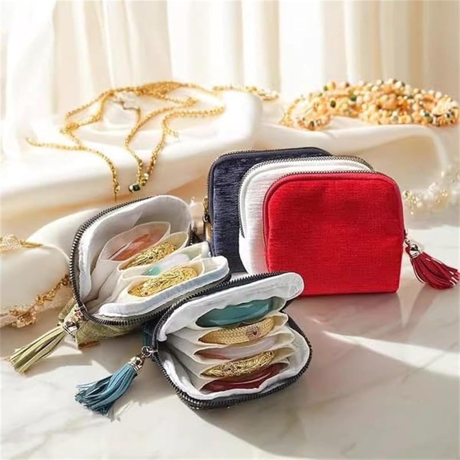 Jewelry Zippered Pocket Case Travel Jewelry Bag Portable Organizer, Small Travel Case, Earring Organizer with Zipper, For Bracelet Rings Earring (3PCS-B)