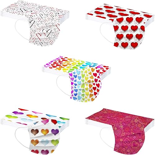 Paquete de 50 mascarillas desechables para mujer estampado de corazón para adultos con corazones que cubren el día de San Valentín estampado de