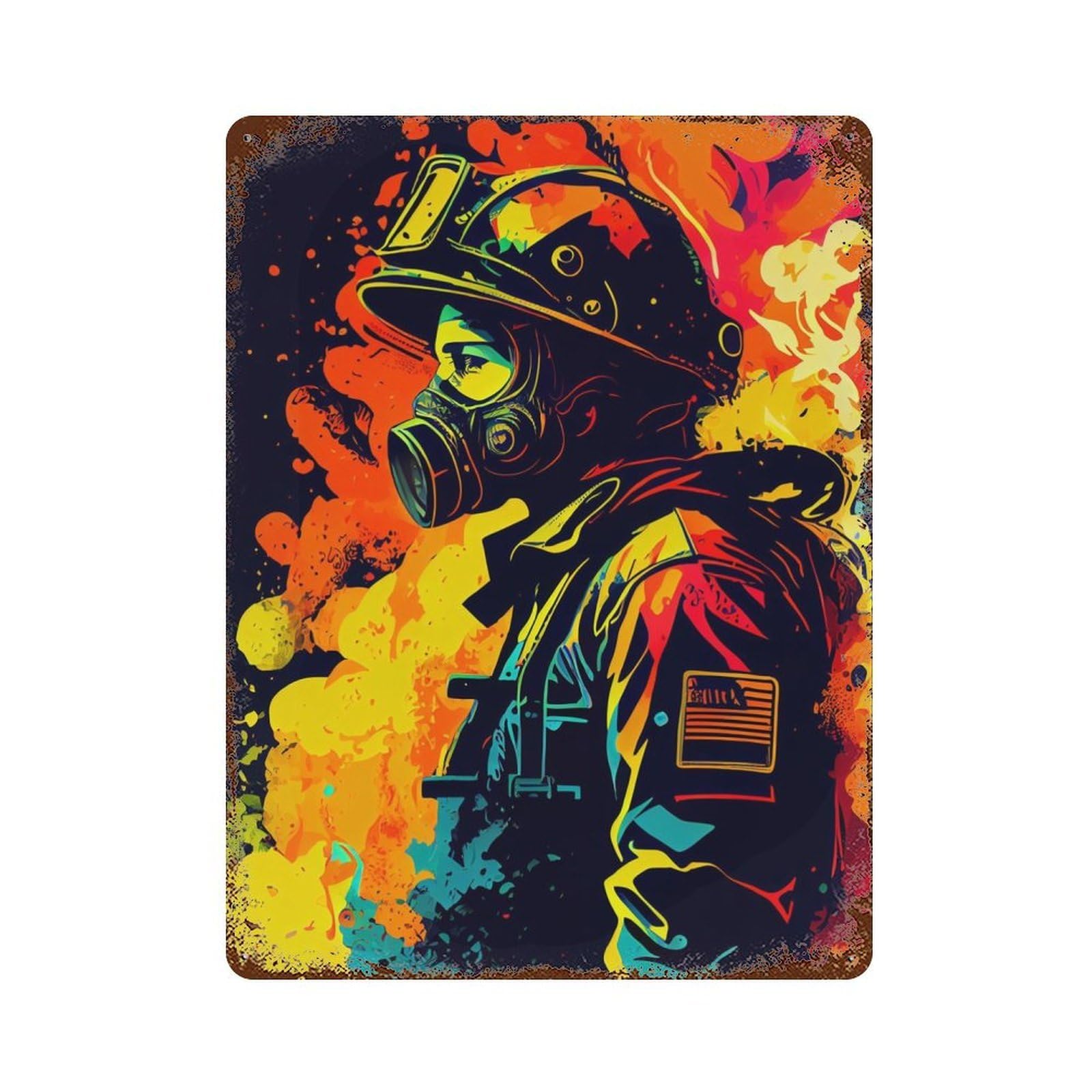 Rust Effect Firefighter PopArt Rustic Tin Plaque 15.7"x11.8", Decorative Metal Wall Art for Farmhouse, Kitchen And Entryway Decor