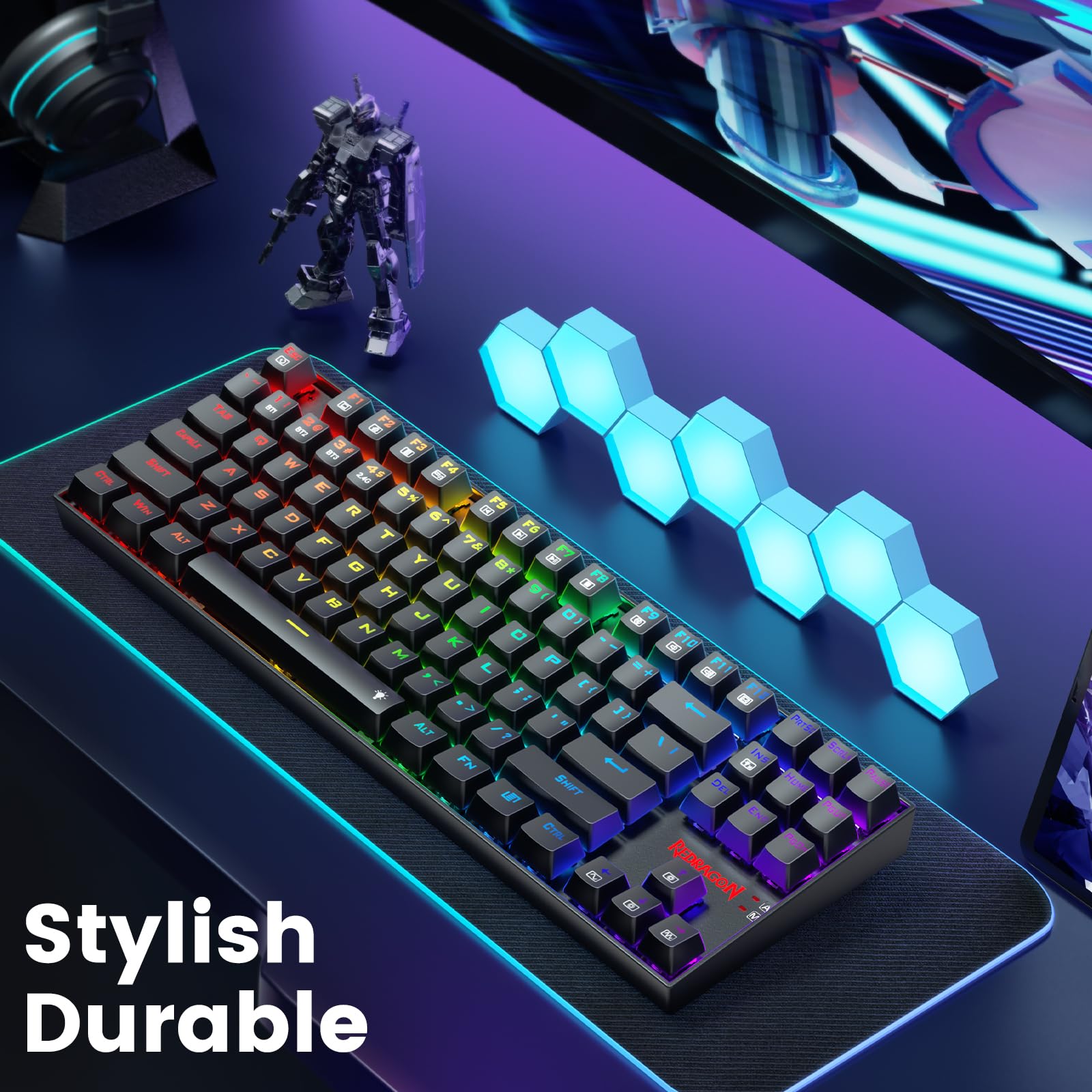 Redragon Wireless Gaming Keyboard, BT/2.4Ghz Tri-Mode Mechanical Keyboard, buit-in Battery, Programmable 87 Keys TKL, LED Rainbow Backlit - K552-KRS view 7
