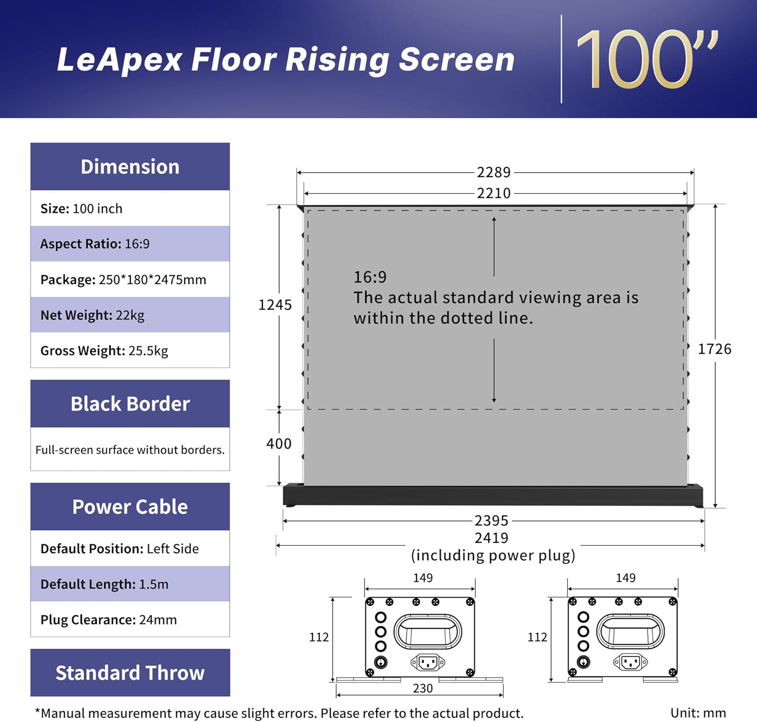 LeApex Electric Retractable Projection Screen Black Crystal ALR 100 Inch Active 3D Smart Screen for Standard/Long Throw Projectors