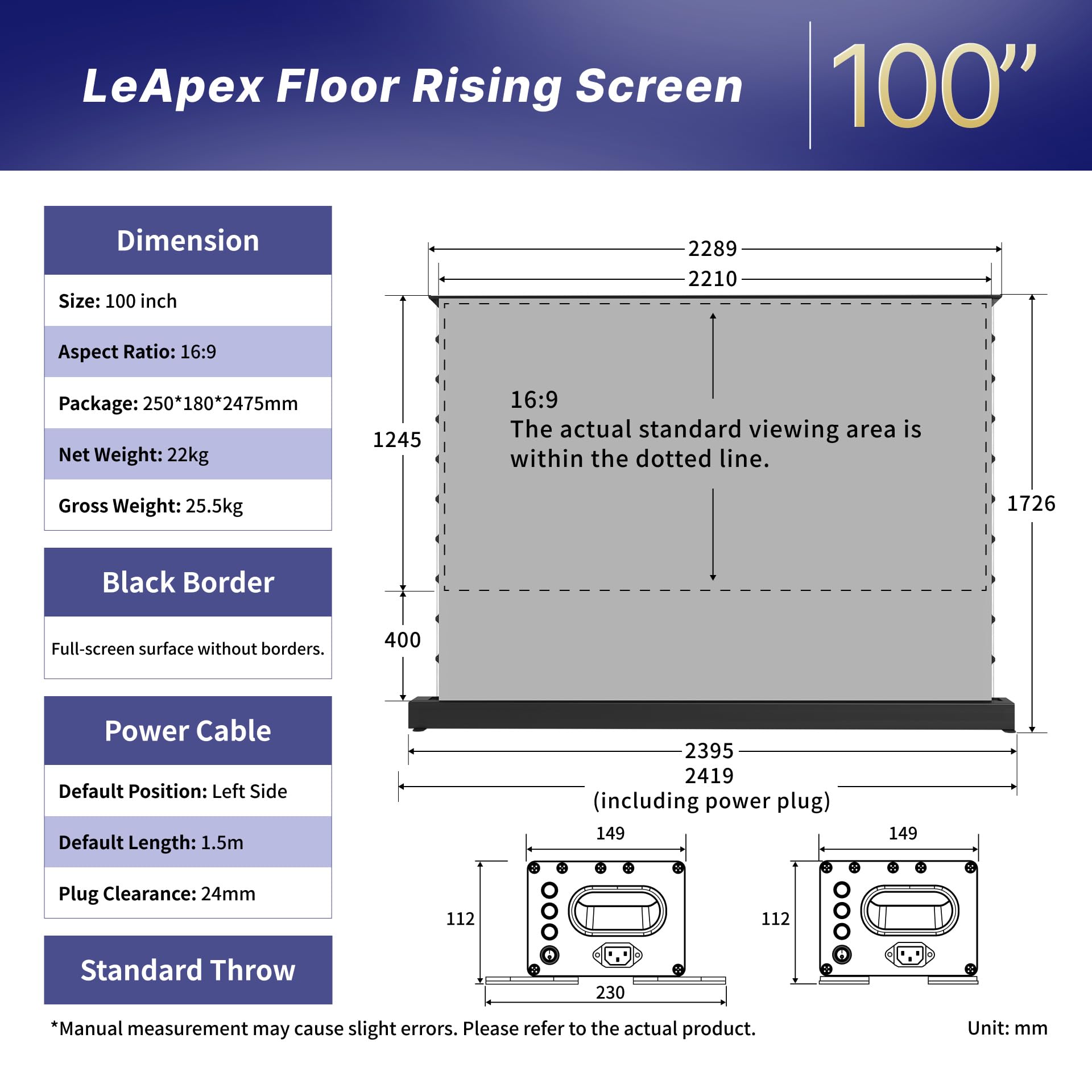 LeApex Schermo di Proiezione Retrattile Elettrico Gray Fabric - Schermo Intelligente Universale 4K Ultra HD 3D Attivo 100 Pollici per Tutti i Tipi di Proiettori
