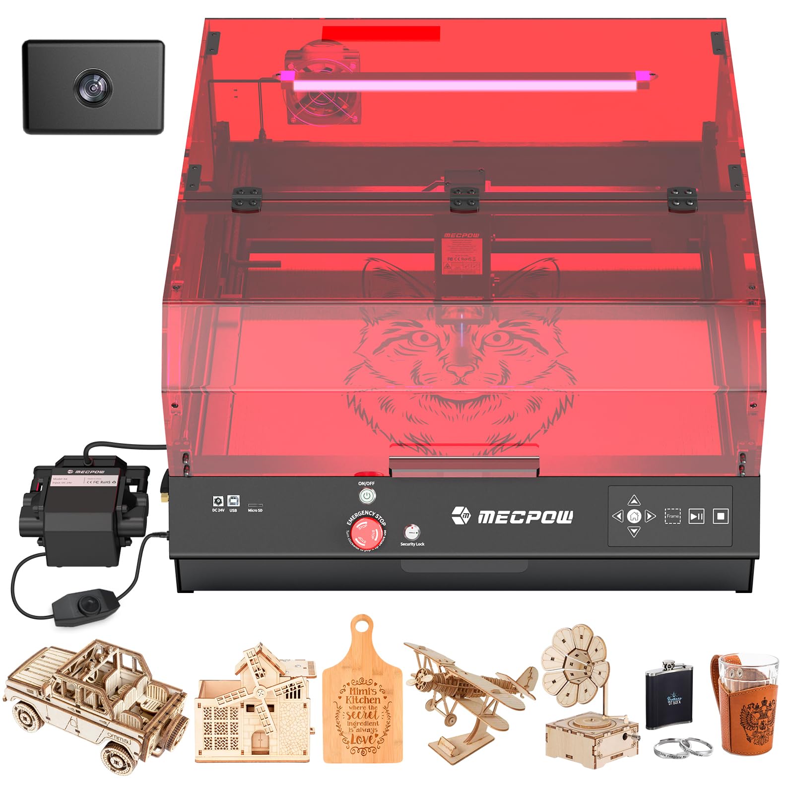 X4 Pro 22W Grabadora Láser Con Asistencia De Aire, Cortadora Láser Con Cámara y Luces Led, 22000mm/min Velocidad De Máquina De Grabado y Corte Láser Con Auto Ventilador Para Metal y Madera