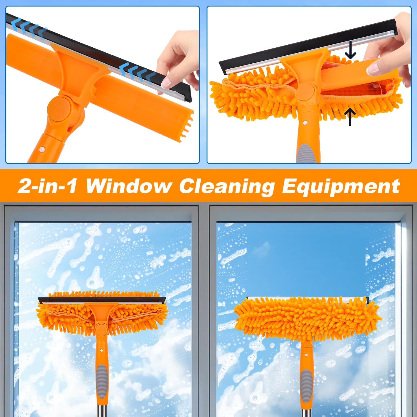 Plumero telescópico con plumero largo extensible con 1,5 ~ 4,9 m, cepillo de limpieza telescópico y cabezal de microfibra, limpiador de ventanas con estropajo, cepillo de telaraña para huecos, techos