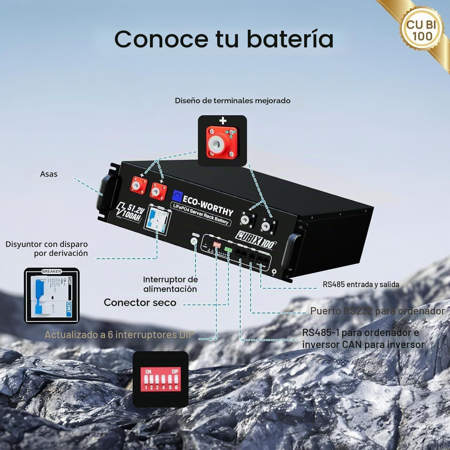 ECO-WORTHY Cubix100 LiFePO4 48V 100Ah Bluetooth IEC 62619 con BMS de 100A, bateria litio de 5,12kWh, armario para servidor, batería solar para sistema solar completo,sistema fotovoltaico, autocaravana