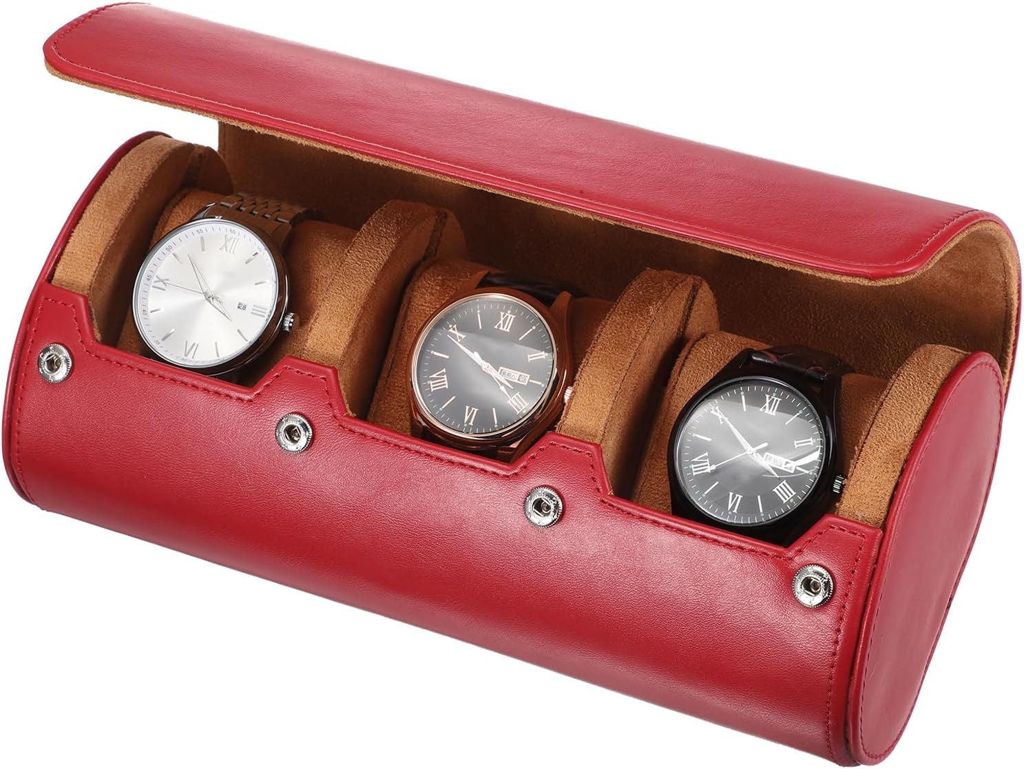 sourcing map Watch Travel Case for Men Leather Watch Roll Travel Case Portable Watch Storage Box for Christmas, Birthday, and Anniversary 3 Slot (Red)