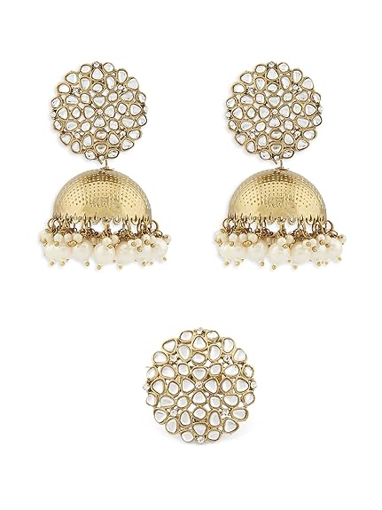 ZAVERI PEARLS Antique Gold Tone Traditional Kundan Jhumki Earring & Ring Set For Women-ZPFK13163