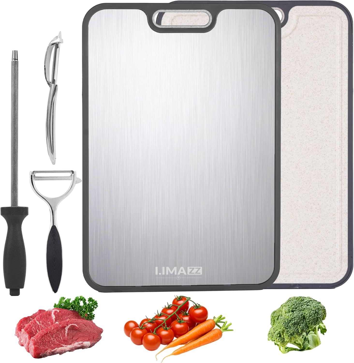 Titanium cutting board for kitchen use. Non-toxic, food-safe, and easy to clean. 2-in-1 double-sided design for meat & veggies. Includes knife sharpener & 2 peelers. Large 16” x 11”.