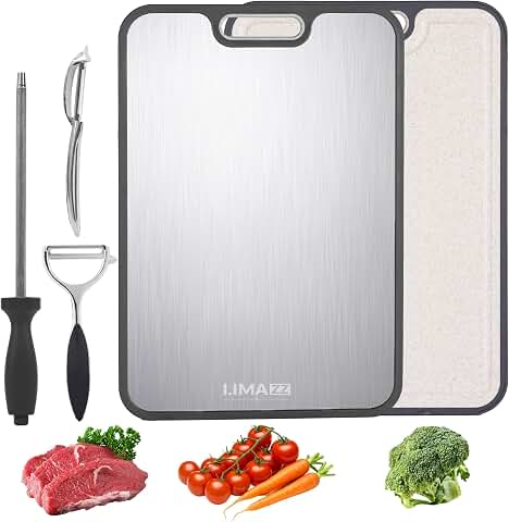 Titanium cutting board for kitchen use Non-toxic, food-safe, and easy to clean 2-in-1 double-sided design for meat & veggies Includes knife sharpener & 2 peelers Large 16 x 11