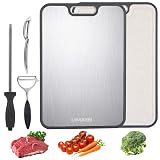 Titanium cutting board for kitchen use Non-toxic, food-safe, and easy to clean 2-in-1 double-sided design for meat & veggies Includes knife sharpener & 2 peelers Large 16 x 11