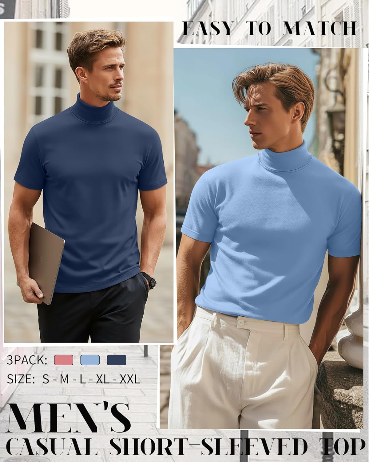 3 Pack Men's Turtleneck T Shirts, Short Sleeve Mock Neck Casual Undershirt Summer Slim Fit Basic Pullover Tops