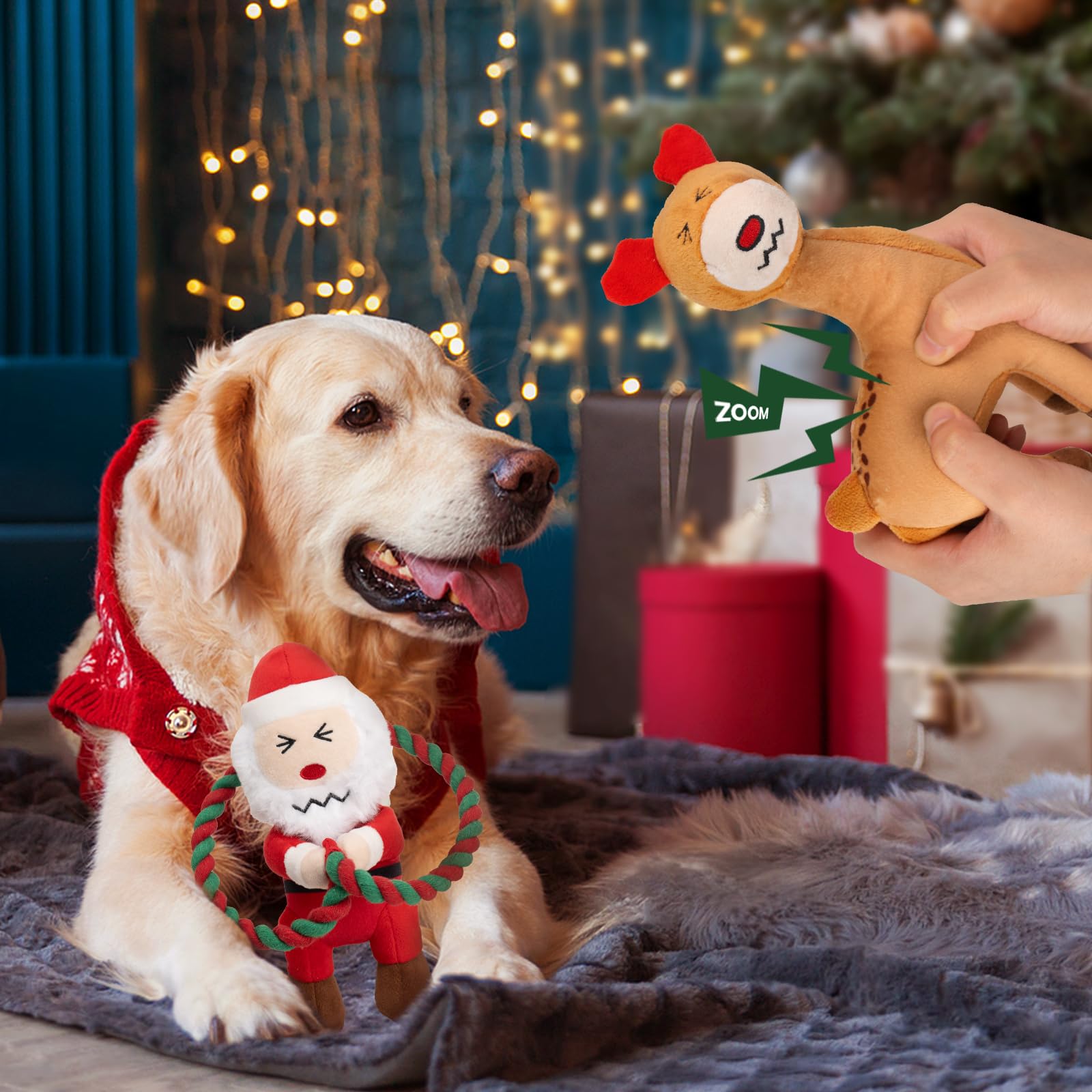 UNISE Christmas Dog Toys - 2 Pack Squeaky Stuffed Toys for Large Medium Small Dogs With Detachable Rope, Crinkle to Keep Them Busy - Santa Claus & Reindeer