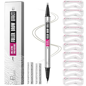 Curved Eyebrow Pencil with 10Pcs Stencils, 2-in-1 Dual-Ended Microblading Eyebrow Pen with Curved Brush-Tip and Fork-Tip for Hair-Like Brows, Waterproof Eyebrow Pencils for Women, Truffle