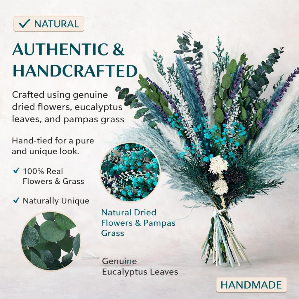 Natural Dried Flower Bouquet, 17” Teal Pampas and Eucalyptus Arrangement with Lavender and Turquoise Accents, Rustic Boho Floral Decor for Living Room, Bedroom, or Gift