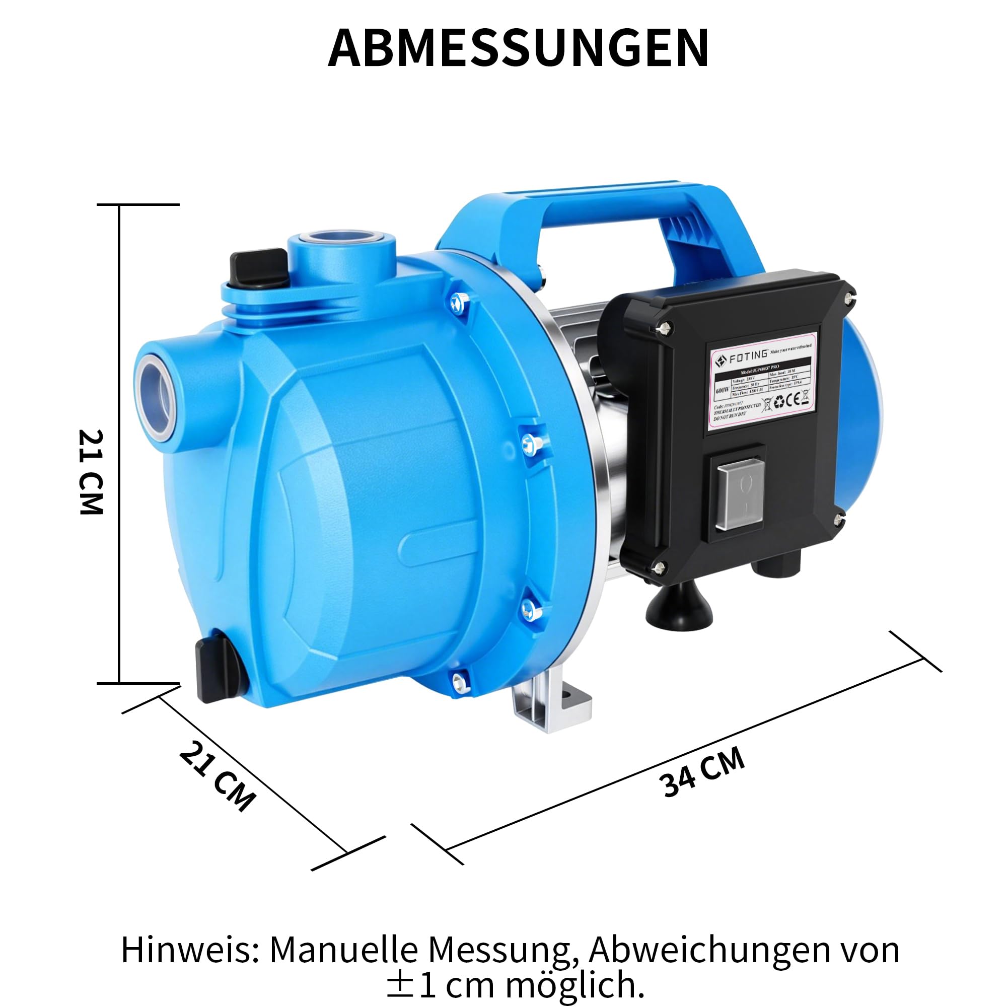 FOTING Gartenpumpe 600 W, max. 4.200 l/h, max. 38 m Förderhöhe, max. 4,5 bar, Saughöhe bis 7 m, für Haus & Garten, mit Tragegriff & Entleerungsventil, Überhitzungsschutz, G1" Saug-/Druckanschluss