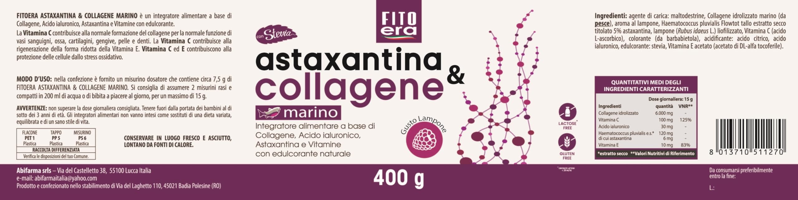 FITOERA Astaxantina & Collagene Marino in polvere 400 g - Integratore Antiossidante con Acido Ialuronico, Vitamina C, Vitamina E con Stevia e Lampone