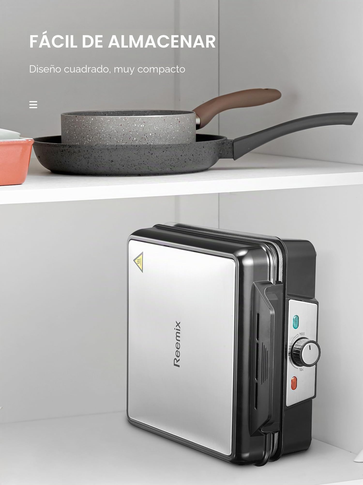 Gofre Belga, Reemix Gofrera de 4 Gofres, Máquina de Gofres de 1200 W para Temperatura Ajustable, Revestimiento Antiadherente, Acero Inoxidable, Indicadores luminosos