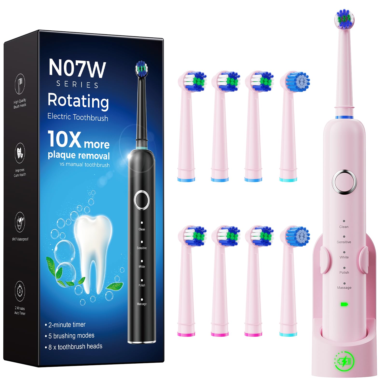 Spazzolino Elettrico Rotante per Denti Sensibili, Rosa | 5 Modalità, 8 Testine, Batteria 60 Giorni, Ricarica Rapida, 5000 RPM, Timer 2 min, IPX7 Impermeabile