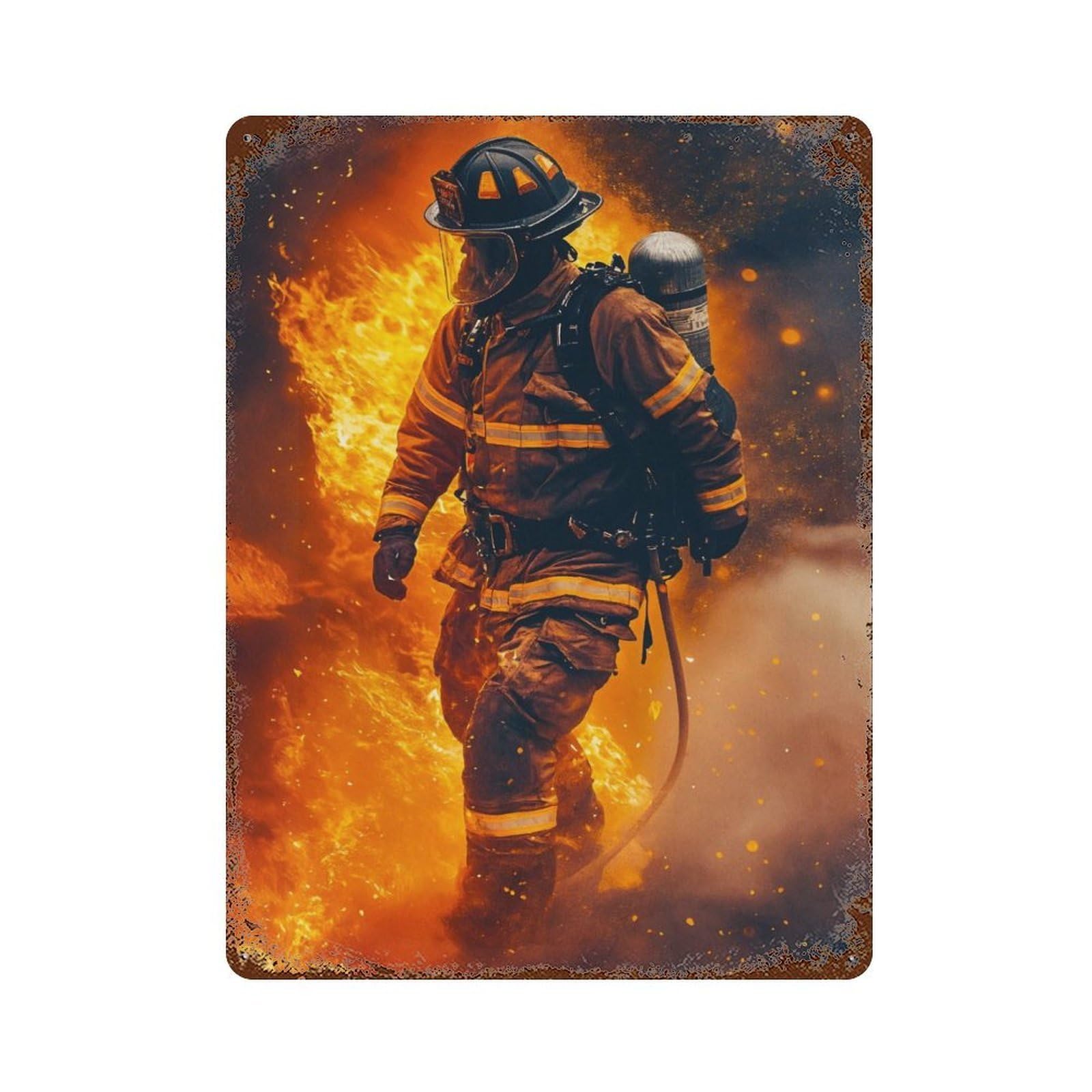 Firefighter in Flames 15.7"x11.8" Aged Metal Wall Plaque, Retro Wall Decor for Farmhouse, Kitchen And Entryway Decor