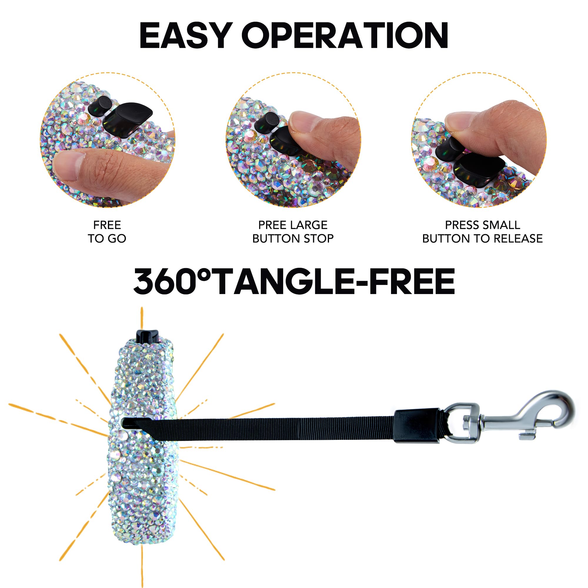 SlowVibes Sparkling Retractable Dog Leash,Rhinestone Pet Walking Leash for Small Medium Dog Cat Puppy,Durable 16 ft Strong Nylon Tape,360°Tangle-Free,One-Handed Brake - Image 4