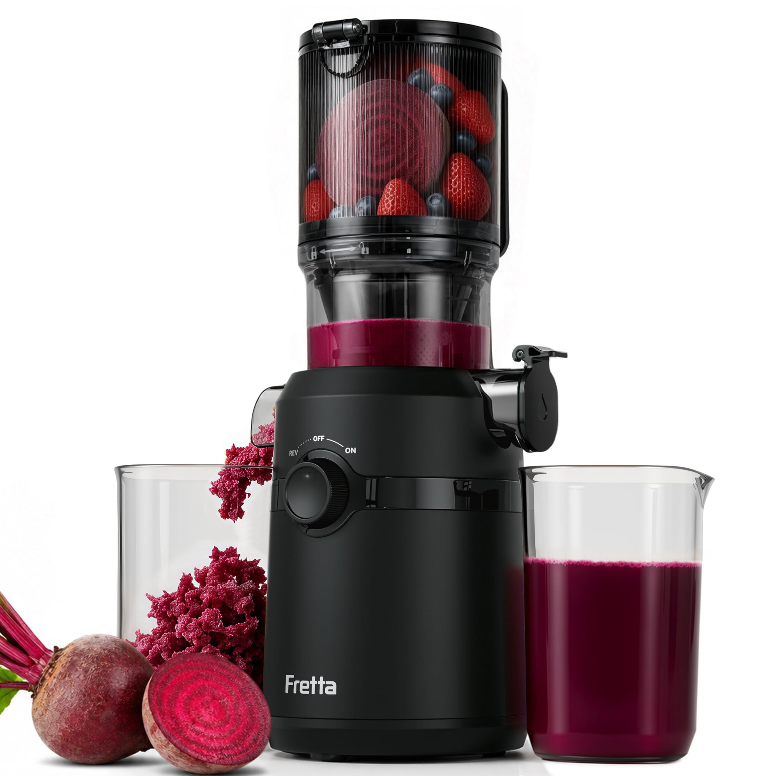 Fretta Extractor de Zumos y Verduras, Apertura de 108MM y Capacidad de 1L, Licuadora Prensado en Frio para Verduras Frutas Enteras, 200W Slow Juicer Machine, Fácil Montaje y Limpieza, Sin BPA (Negro)