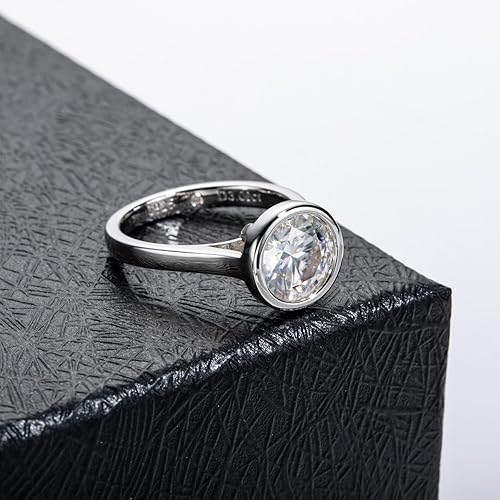 Miniatura 4 de Anillos de Compromiso de Moissanita, Engaste Bisel de 123 CT Diamante Redondo Creado en Laboratorio Anillos de Promesa Solitario en Plata Esterlina
