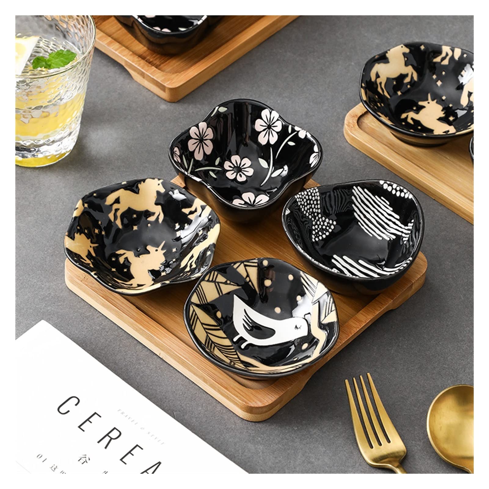 MRKU 4-teiliges Dip-Schüssel-Set aus Keramik mit Saucenschale, Geschirr, japanischer Sushi-Teller, bunt glasiert, Unterglasur, Haushaltsgewürz